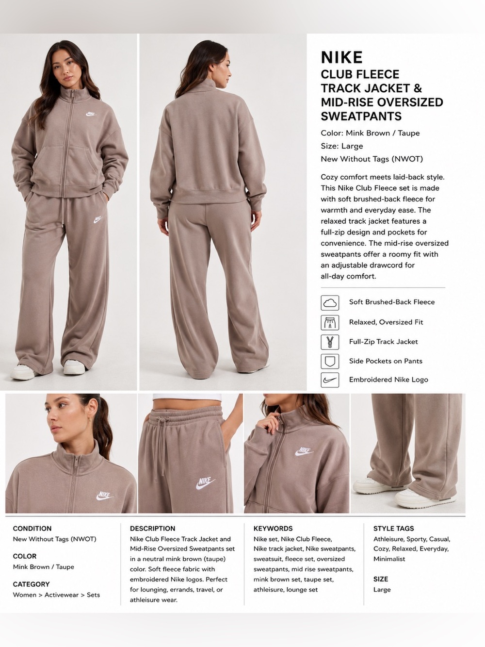 Nike Women’s Club Fleece Track Jacket & Mid-Rise Oversized Sweatpants Set Large